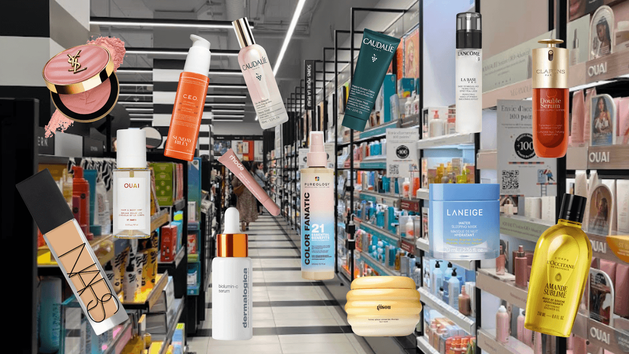 Photomontage : intérieur d'une boutique Sephora Canada au Québec, et produits populaires vendus chez Sephora.