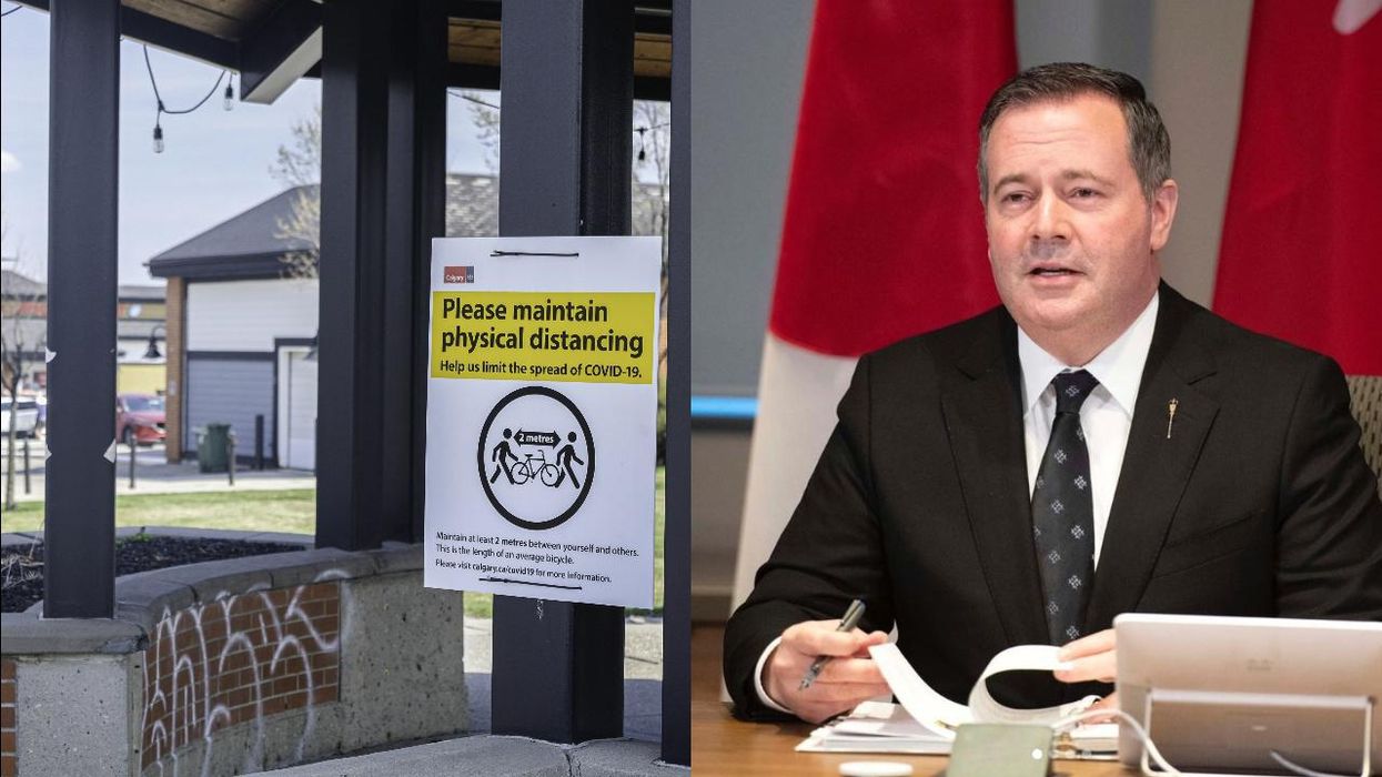 Photos of a physical distancing sign and Premier Jason Kenney