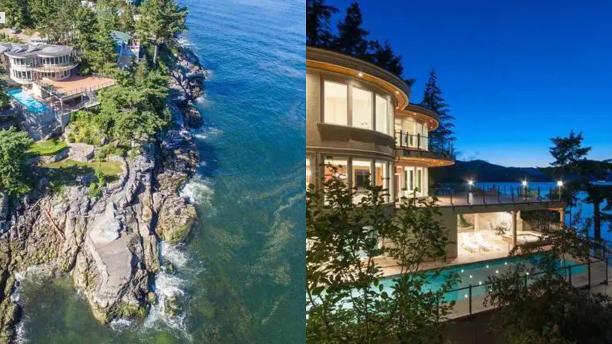 Photos of aerial view of mansion and nighttime view of mansion