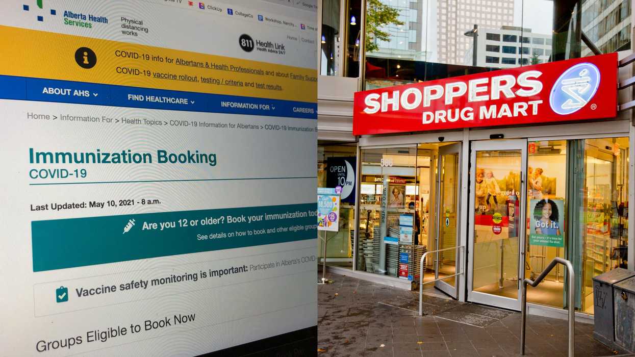 Photos of AHS immunization booking page and a shoppers drugmart