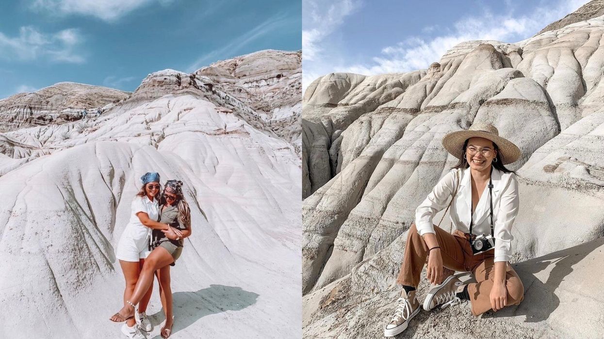 Photos of people in front of stunning rock formations