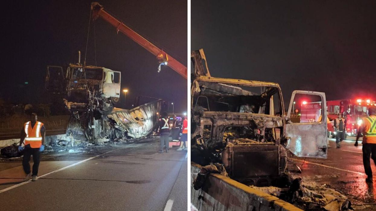 Photos of the burnt truck on Highway 401.