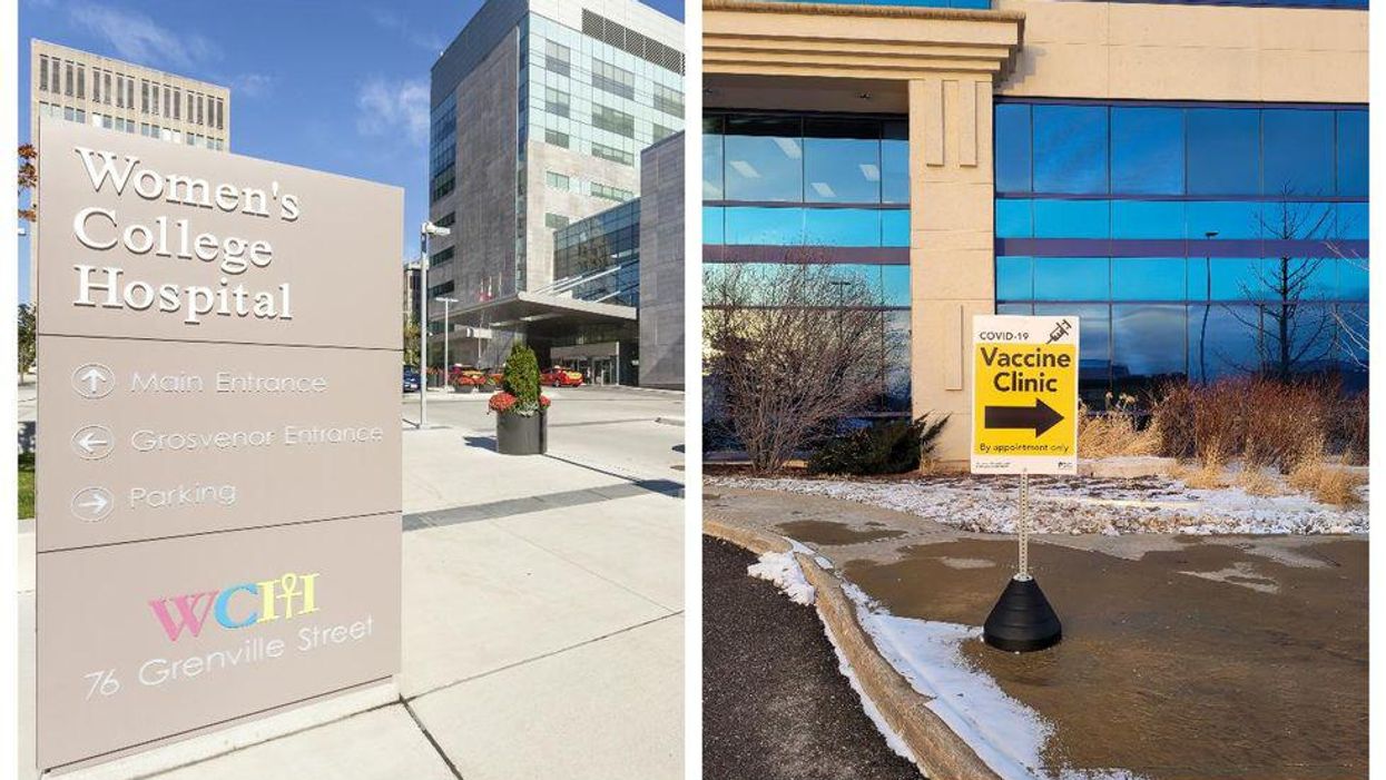 Photos of Womens College Hospital and Vaccine Clinic sign