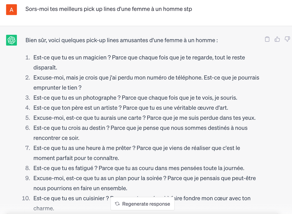 Pick-up lines g\u00e9n\u00e9r\u00e9es par ChatGPT.
