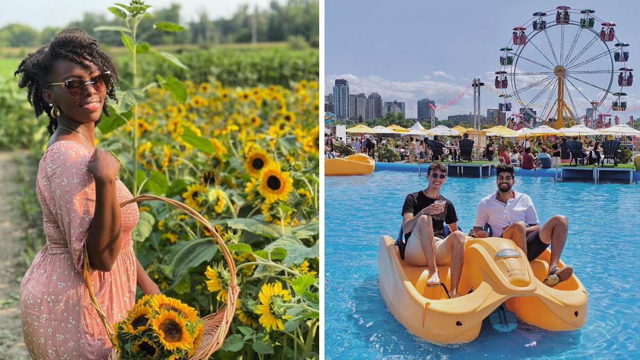 Picking sunflowers at a flower farm. Right: Floating in a pool at the Gatineau Beer Festival.