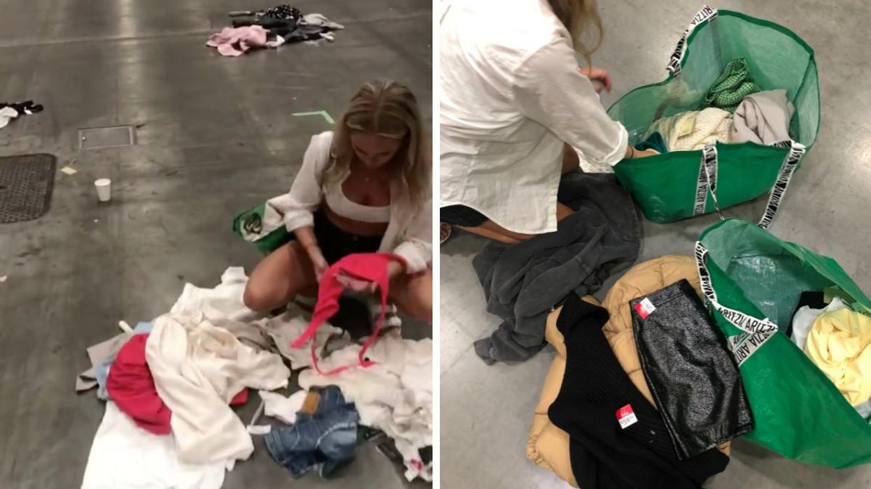 Picking through clothes at the Aritzia Warehouse Sale. Right: Aritzia bags.