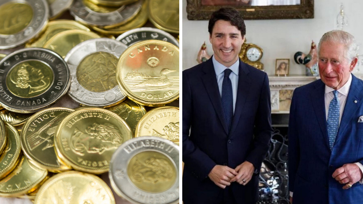 Pièce de monnaie. Droite : Justin Trudeau et le roi Charles III.