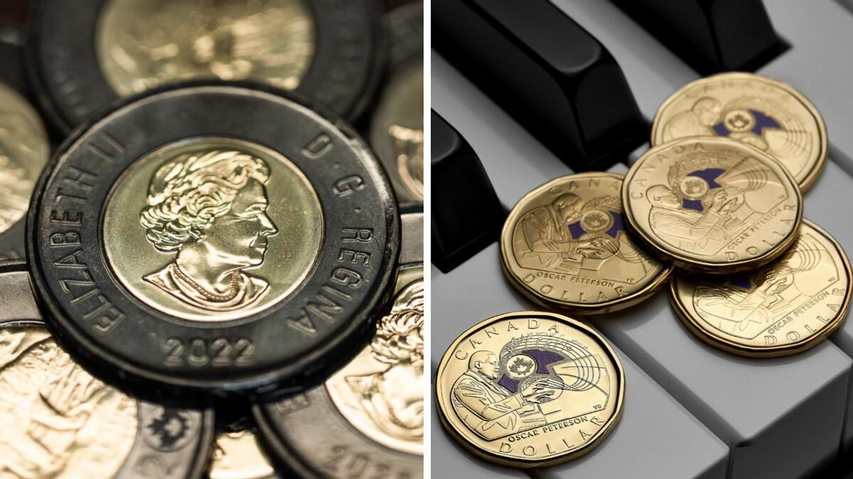 Pièces de 2 $ et 1 $ canadiens.