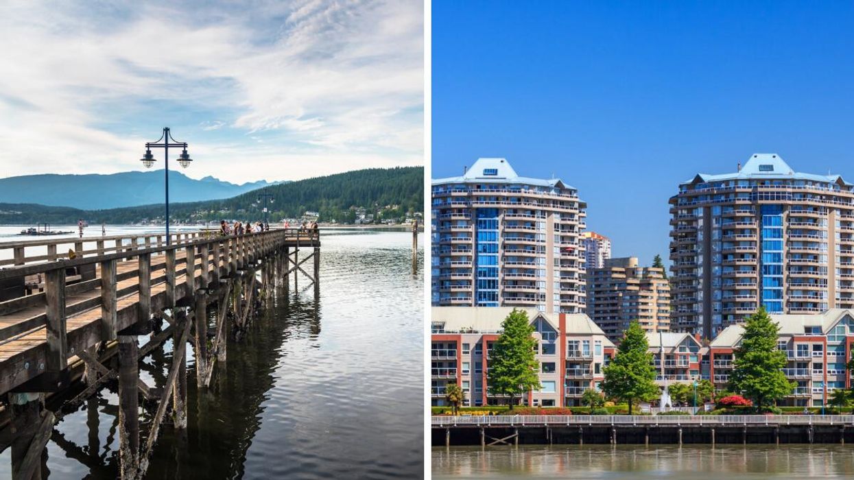 Pier at Rocky Point Park in Port Moody, B.C. Right: Residential buildings in New Westminster, B.C.