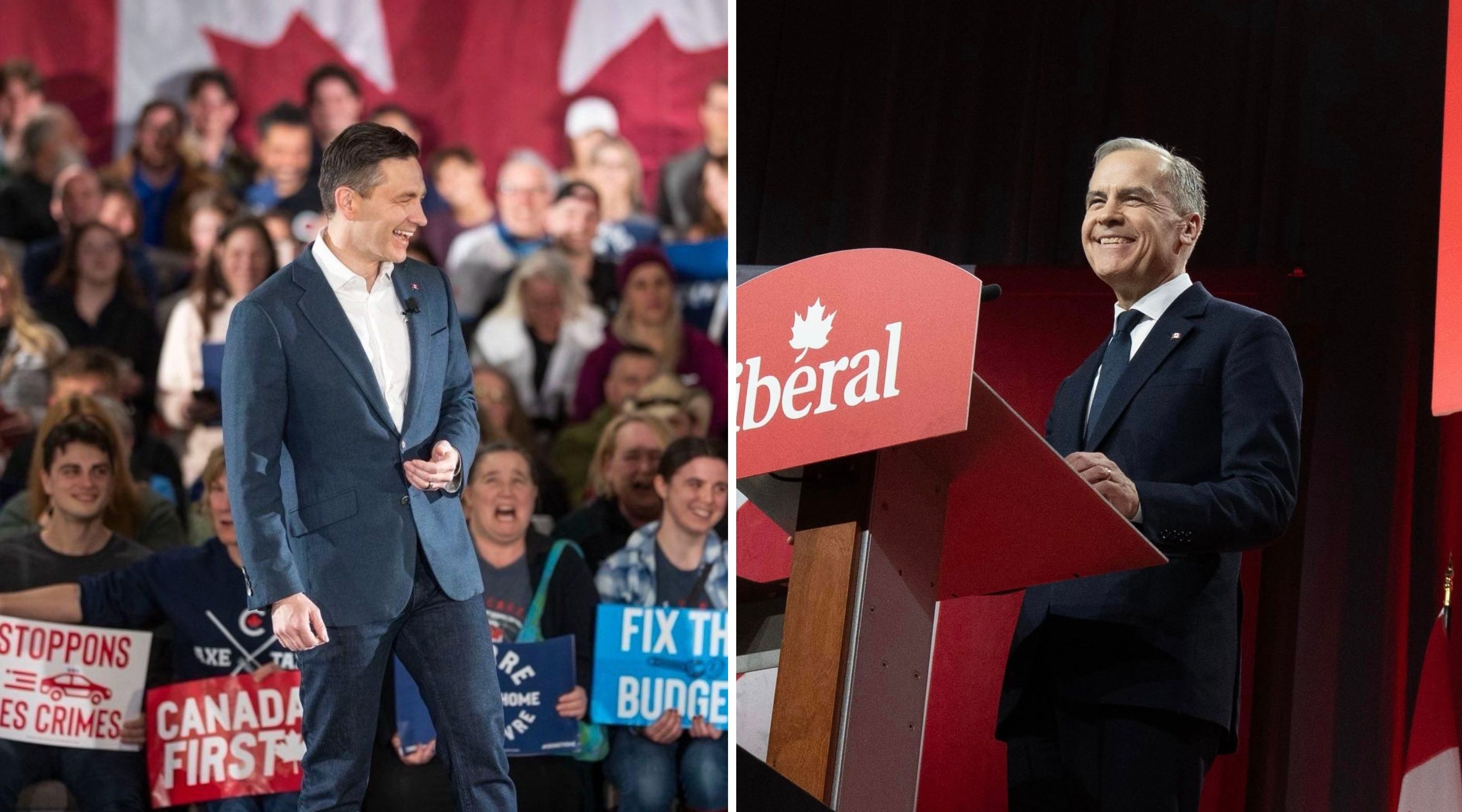 Pierre Poilievre. À droite : Mark Carney