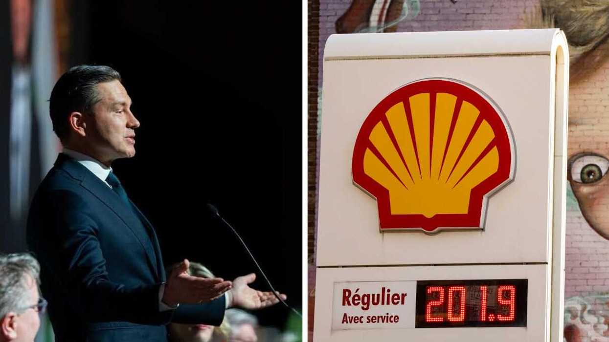 Pierre Poilievre delivers a speech. Right: A Shell gas station sign advertising regular gasoline for 201.9 cents a litre.