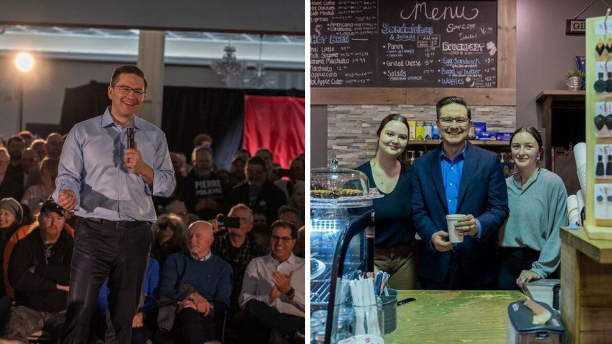 Pierre Poilievre in front of a crowd. Right: Poilievre posing with employees at a coffee shop.
