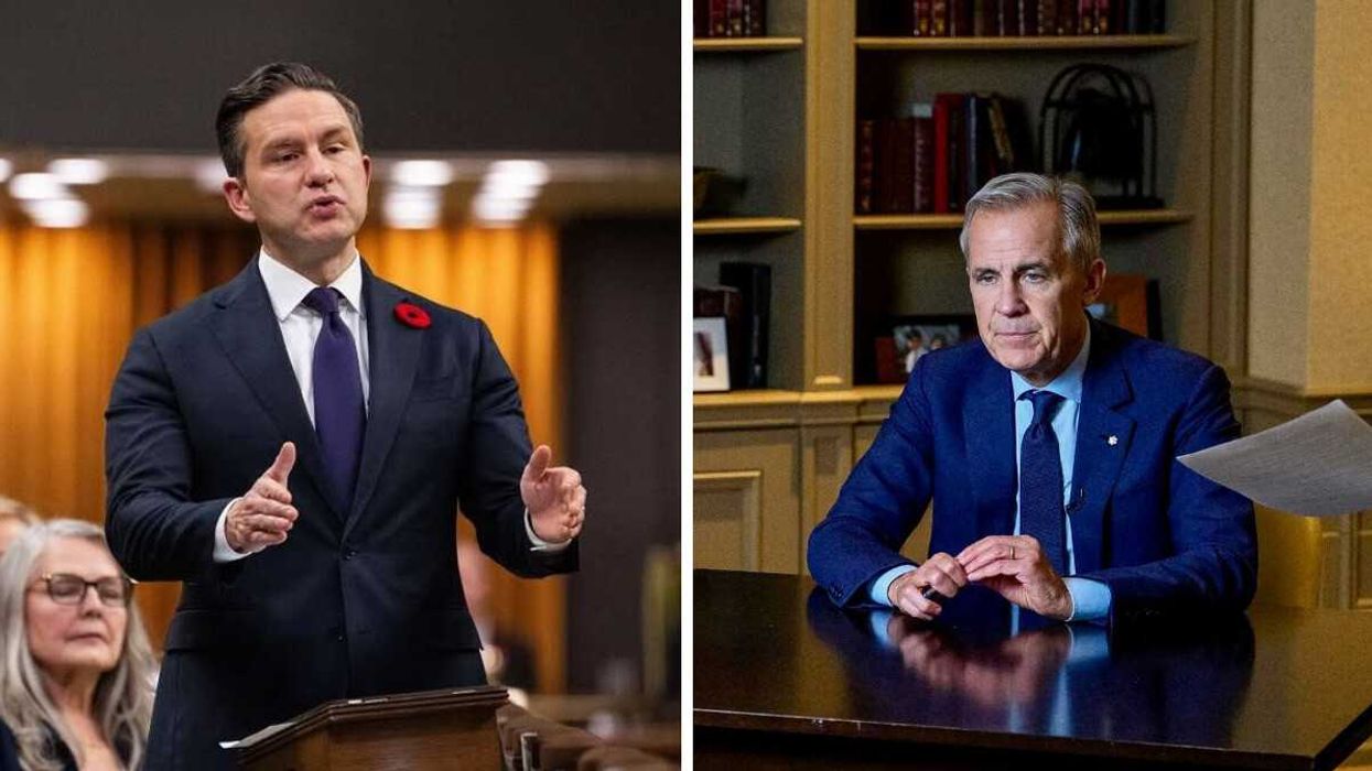 Pierre Poilievre in the House of Commons. Right: Mark Carney at a desk.