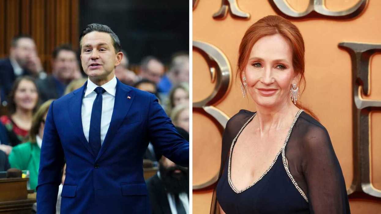 Pierre Poilievre. Right: J.K. Rowling.