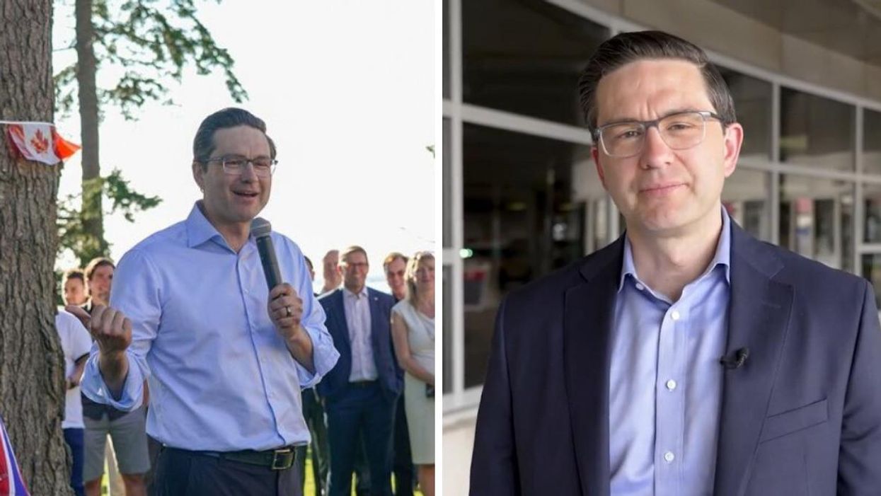 Pierre Poilievre speaking at an event. Right: Pierre Poilievre.