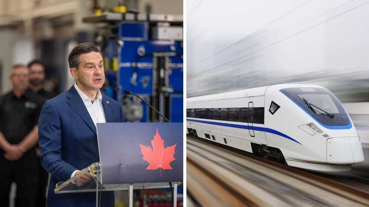 Pierre Poilievre speaks at a podium. Right: A high-speed train.