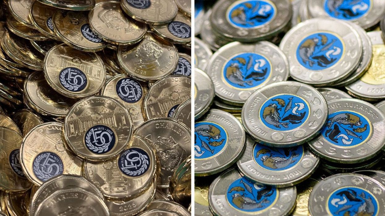 pile of $1 coins honouring supreme court of canada. right: pile of blue toonies honouring inuit nunangat