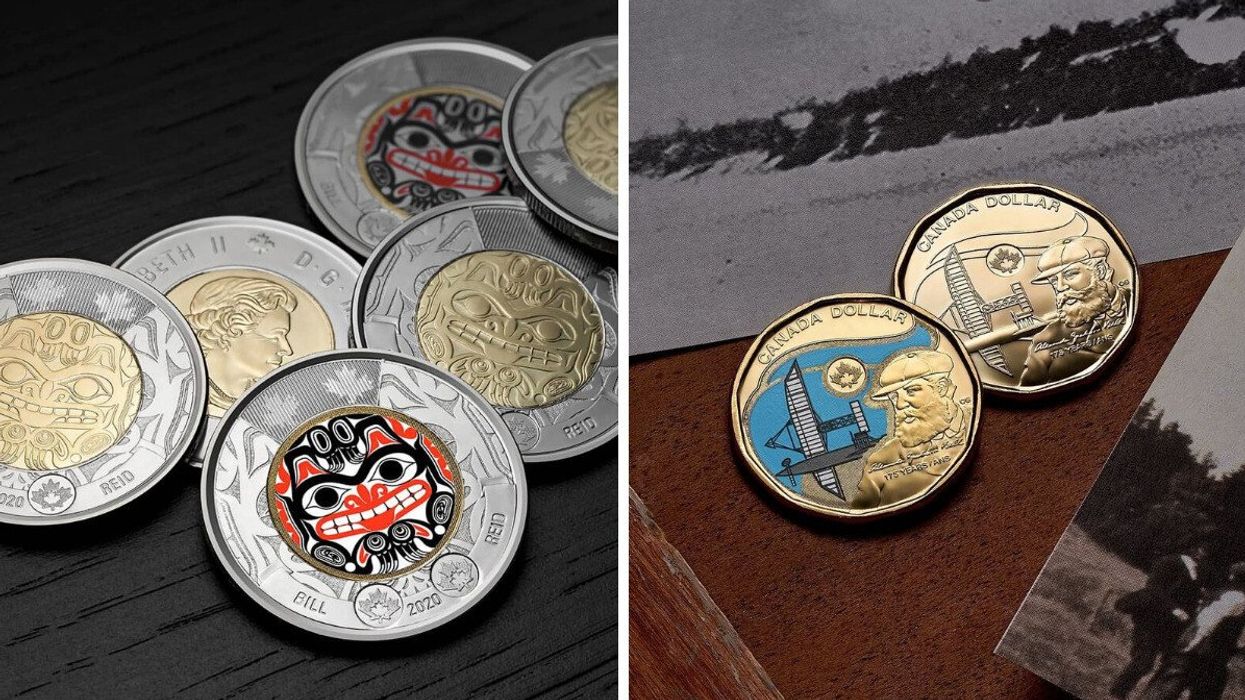 pile of bill reid toonies from the royal canadian mint. right: two alexander graham bell loonies from the mint