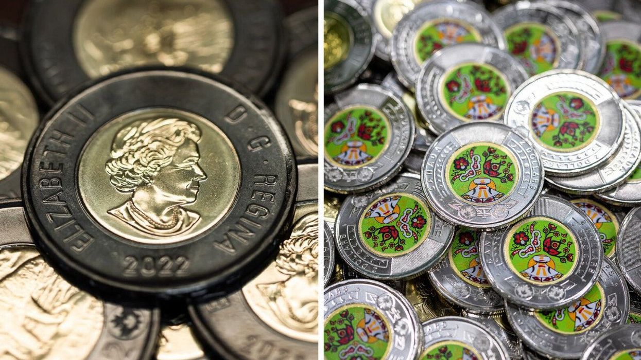 pile of black and gold toonies with queen elizabeth portrait. right: pile of green toonies for national indigenous peoples day