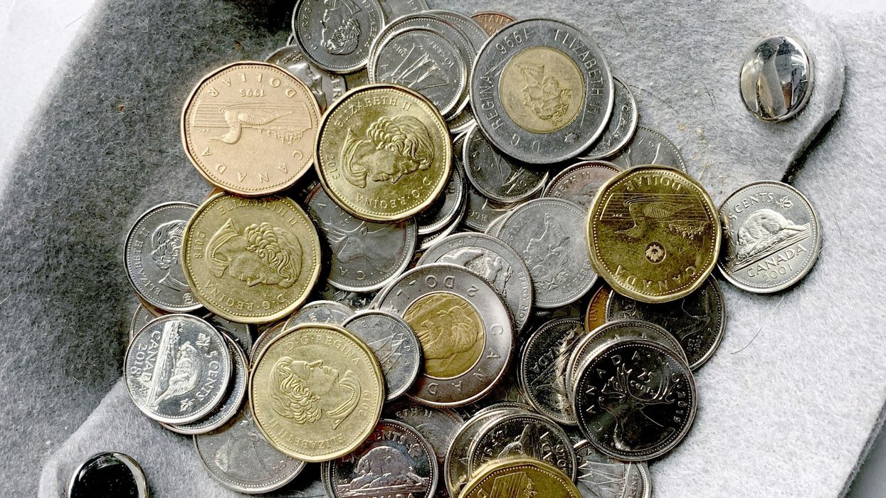 pile of canadian coins in a grey bowl