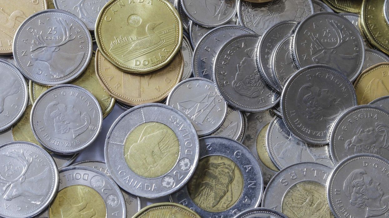 Pile of Canadian coins, including $2 coins.