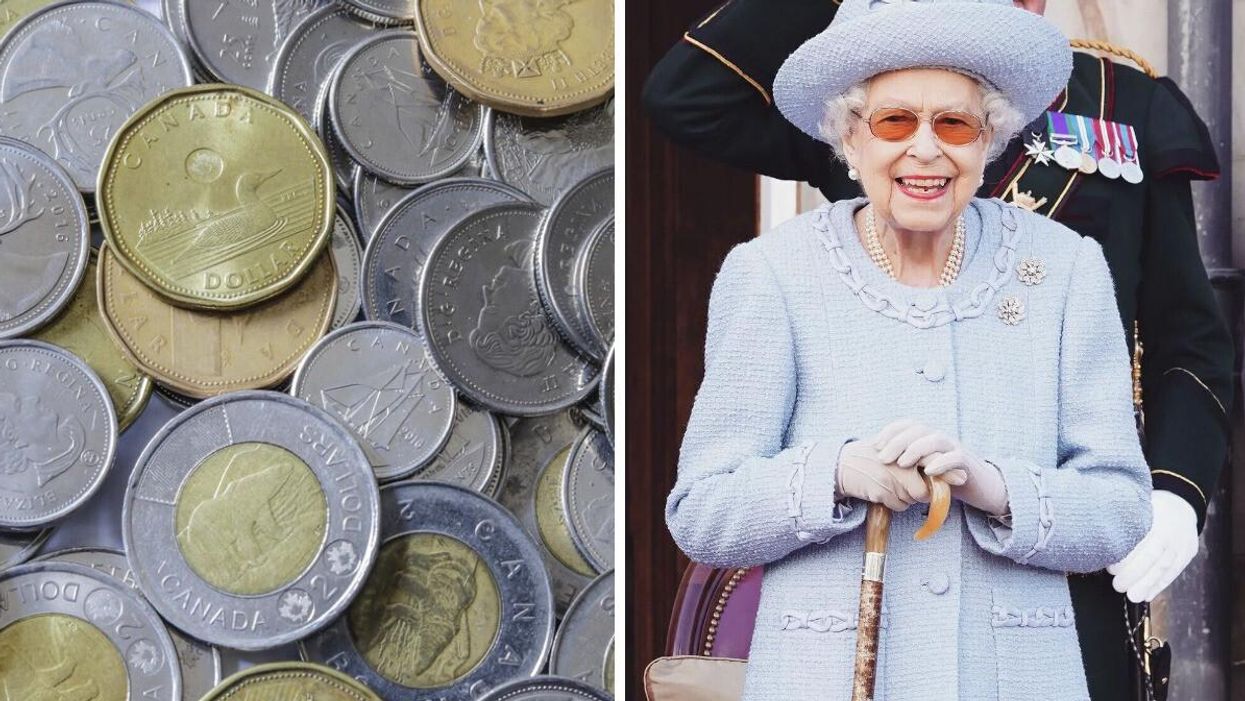 Pile of Canadian coins, including the toonie. Right: Queen Elizabeth II.