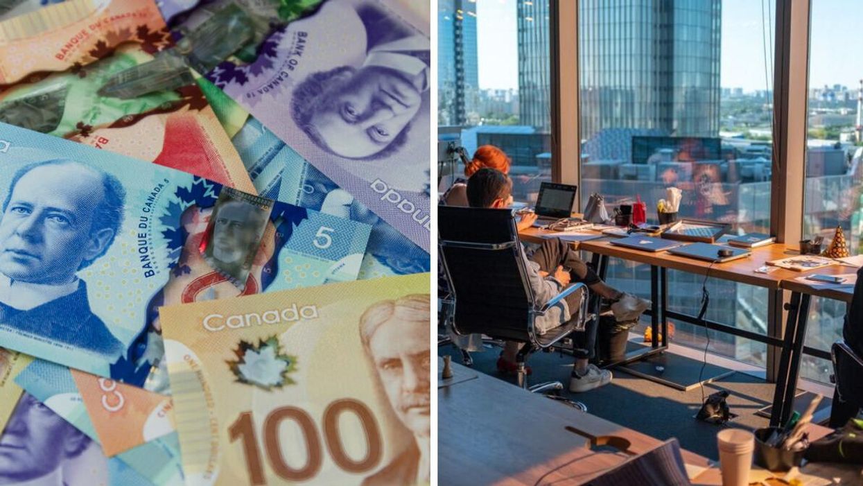 Pile of Canadian money, including a $100 bill. Right: People working on laptops in an office in front of windows with a city view.