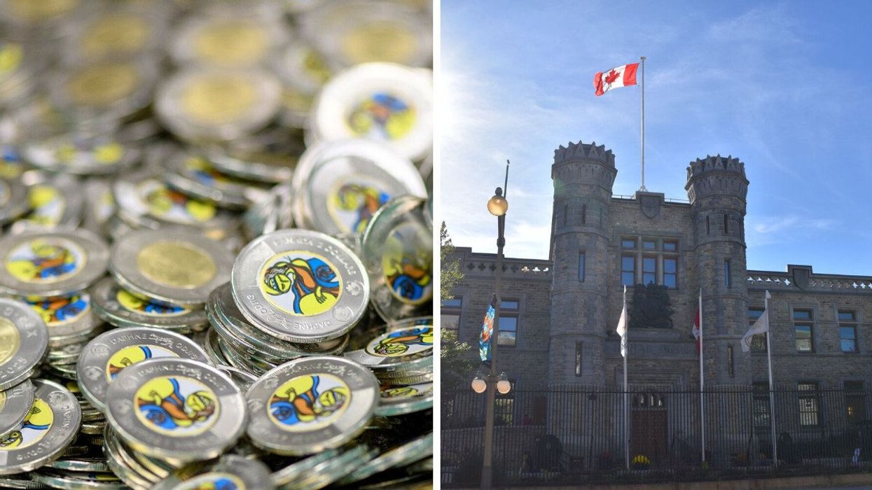pile of daphne odjig $2 coins. right: exterior of royal canadian mint building in ottawa