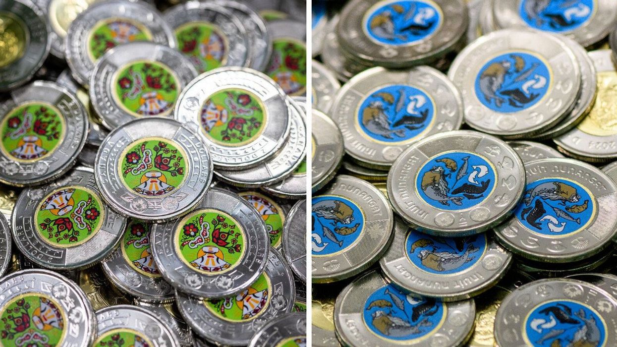 pile of national indigenous peoples day green toonies. right: pile of inuit nunangat light blue toonies