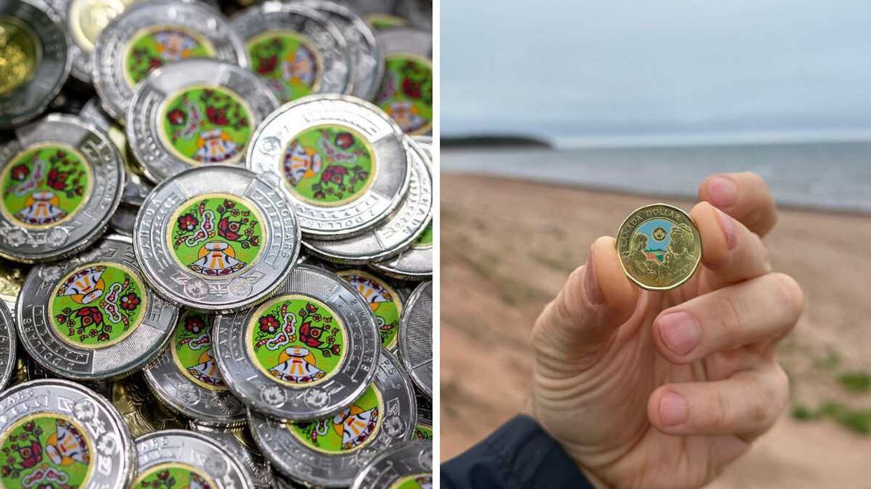 pile of National Indigenous Peoples Day toonies. right: person holding L. M. Montgomery loonie by the ocean