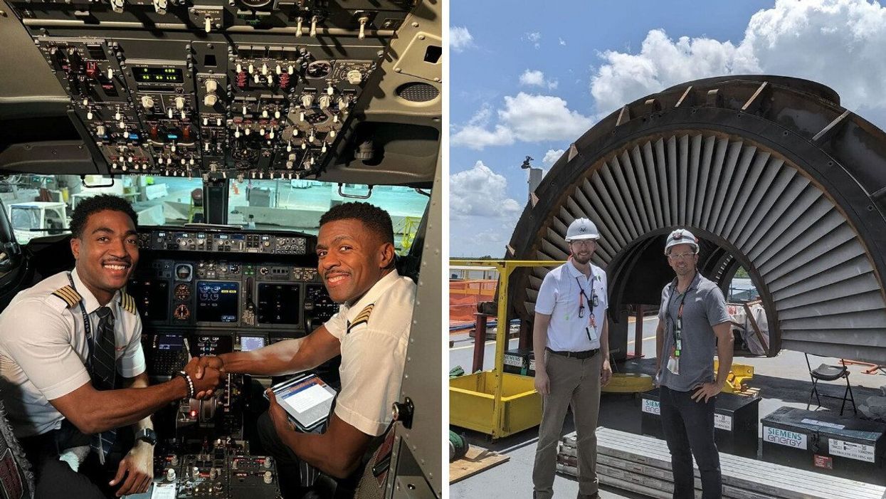 Pilots on a United flight. Right: Staff at a nuclear power plant.