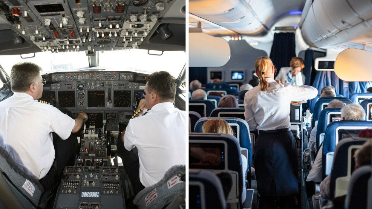 Pilots sitting in a cockpit. Right: In-flight services.