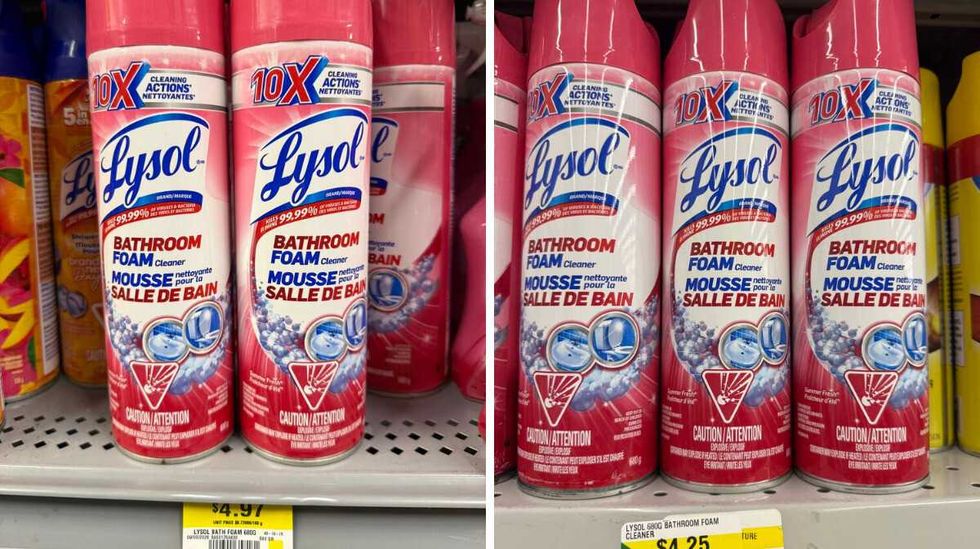 Pink, blue and white canisters that say Lysol Bathroom Foam Cleaner. Right: Pink, blue and white canisters that say Lysol Bathroom Foam Cleaner.