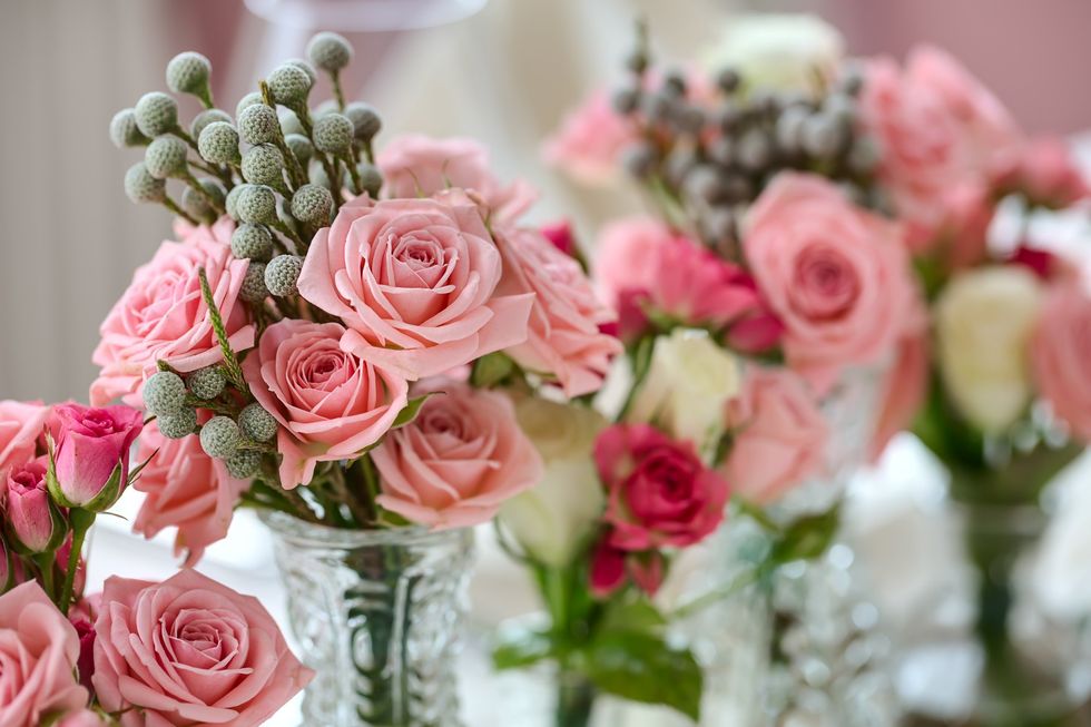 Pink bouquets at a wedding.
