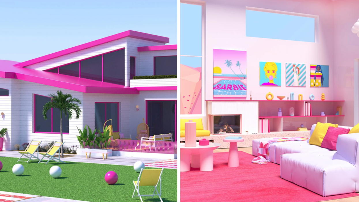 Pink exterior and living room of life-sized Barbie Dreamhouse in Toronto.