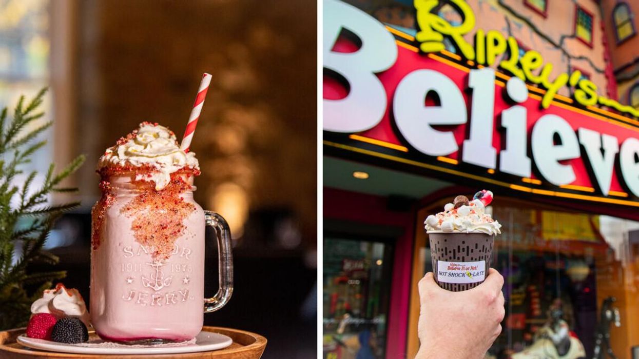 Pink hot chocolate with whipped cream and a straw. Right: Hot chocolate by Ripley's Believe it or Not.