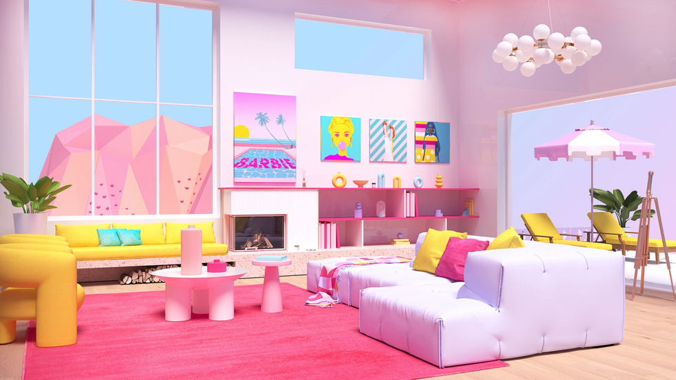 Pink life-sized Barbie DreamHouse living room in Toronto.