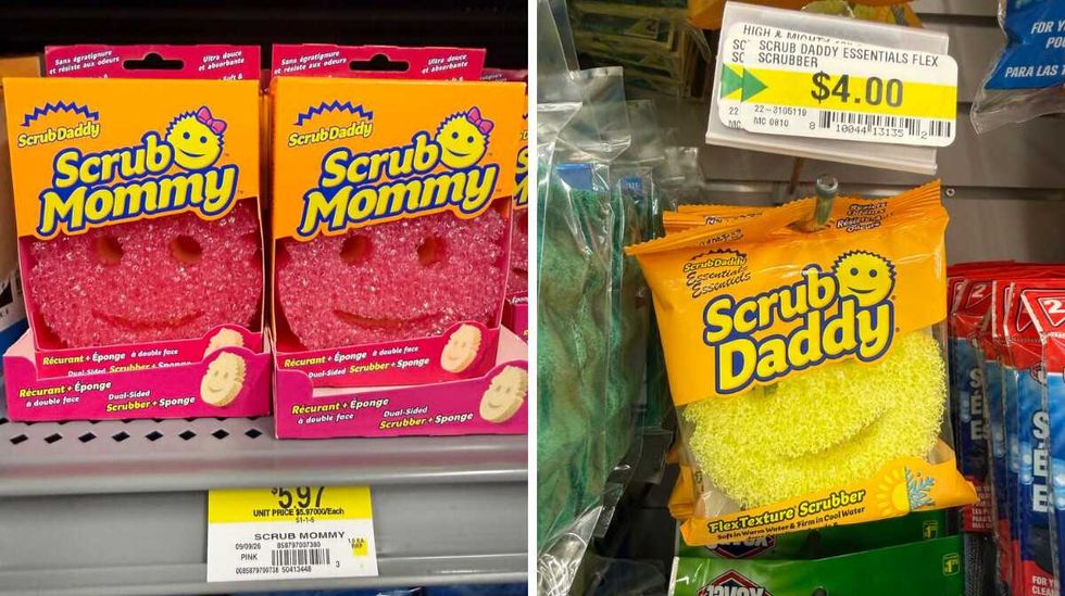 Pink sponges with a happy face on them and a label reading "Scrub Mommy." Right: A yellow sponge with a happy face on it and a label reading "Scrub Daddy."