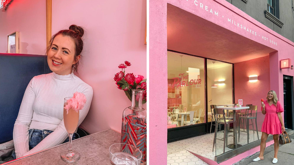 Pink wallpaper & cocktail at Electric Diner. Right: Pink building & ice cream at The Parlour.