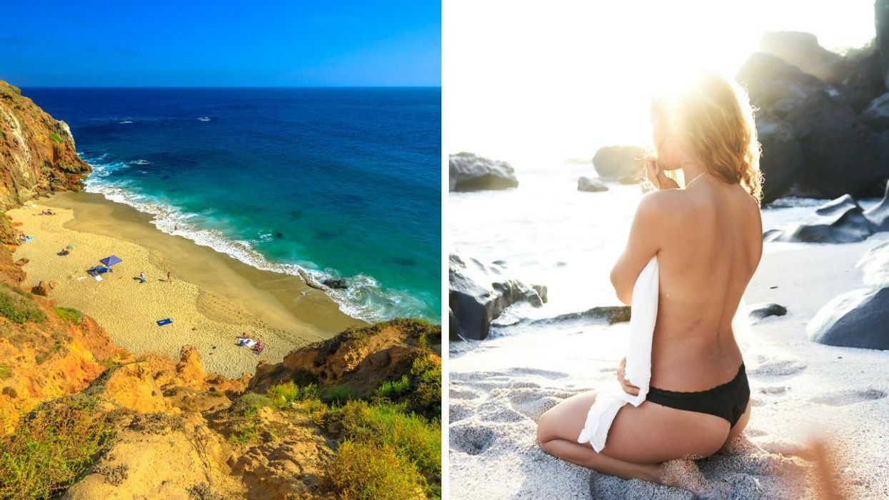 Pirate's Cove beach in California. Right: A woman sitting in the sand.