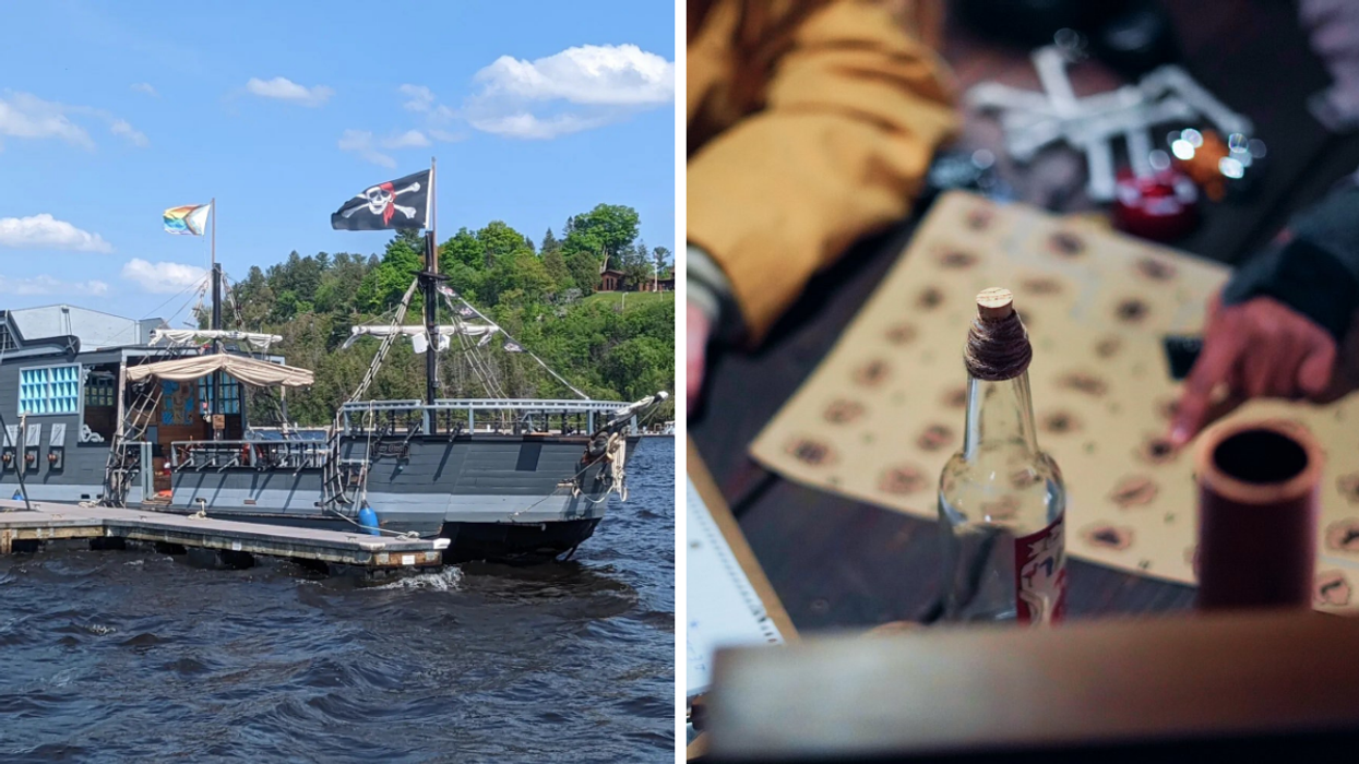 Pirate ship floating on the Ottawa River. Right: Uncovering pirate clues in an escape room.