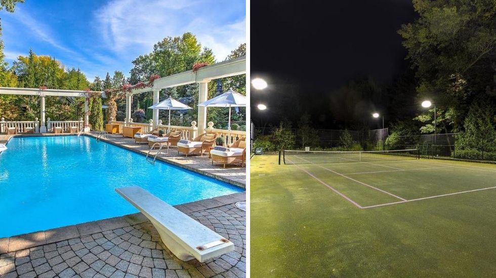 Piscine creus\u00e9e et terrasse. Droite : Terrain de volleyball.