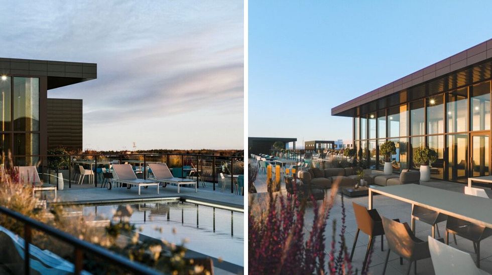Piscine sur le toit. Droite : Terrasse sur le toit.