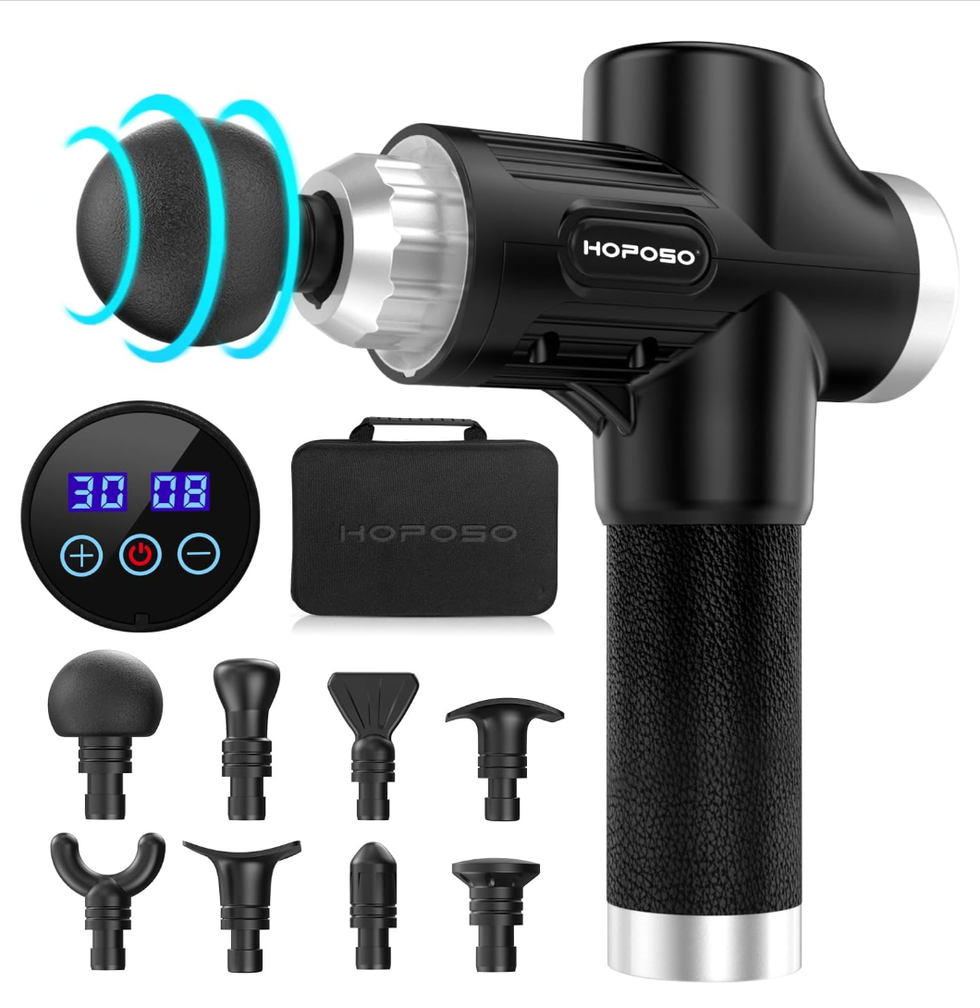 Pistolet de massage puissant et portable avec 30 vitesses et huit t\u00eates de massage.