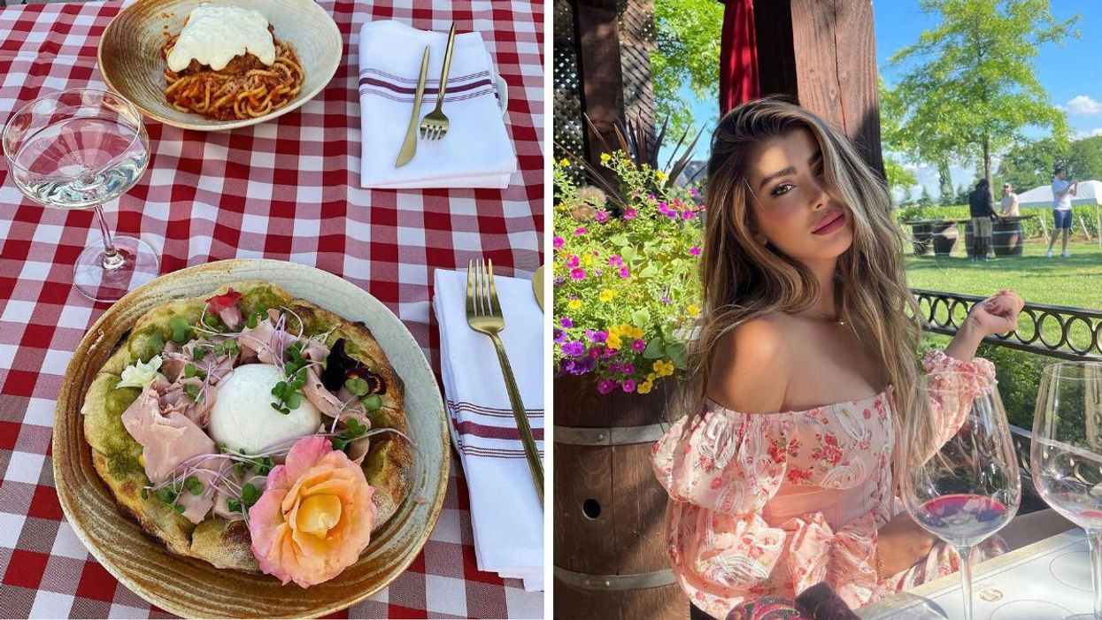 Pizza and pasta. Right: A woman at a restaurant with wine glasses.