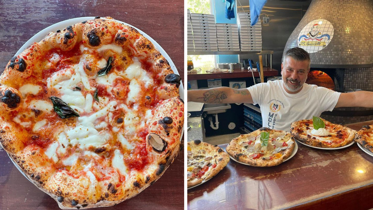 Pizza at 'O Munaciello Miami. Right: a pizza chef at 'O Munaciello Miami.