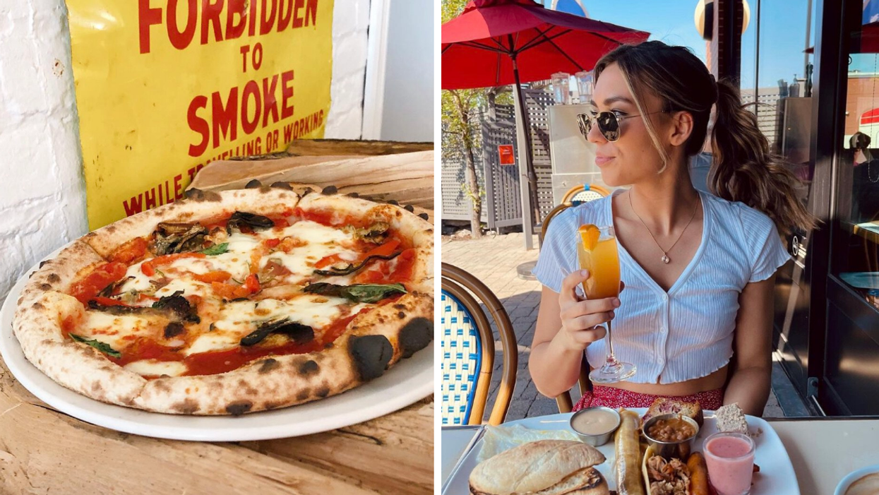 Pizza. Droite : Femme avec déjeuner.