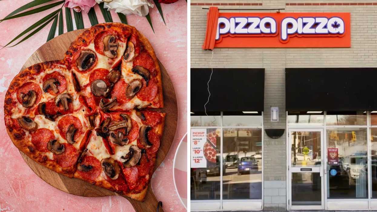 Pizza en coeur. Droite : Façade du Pizza Pizza.