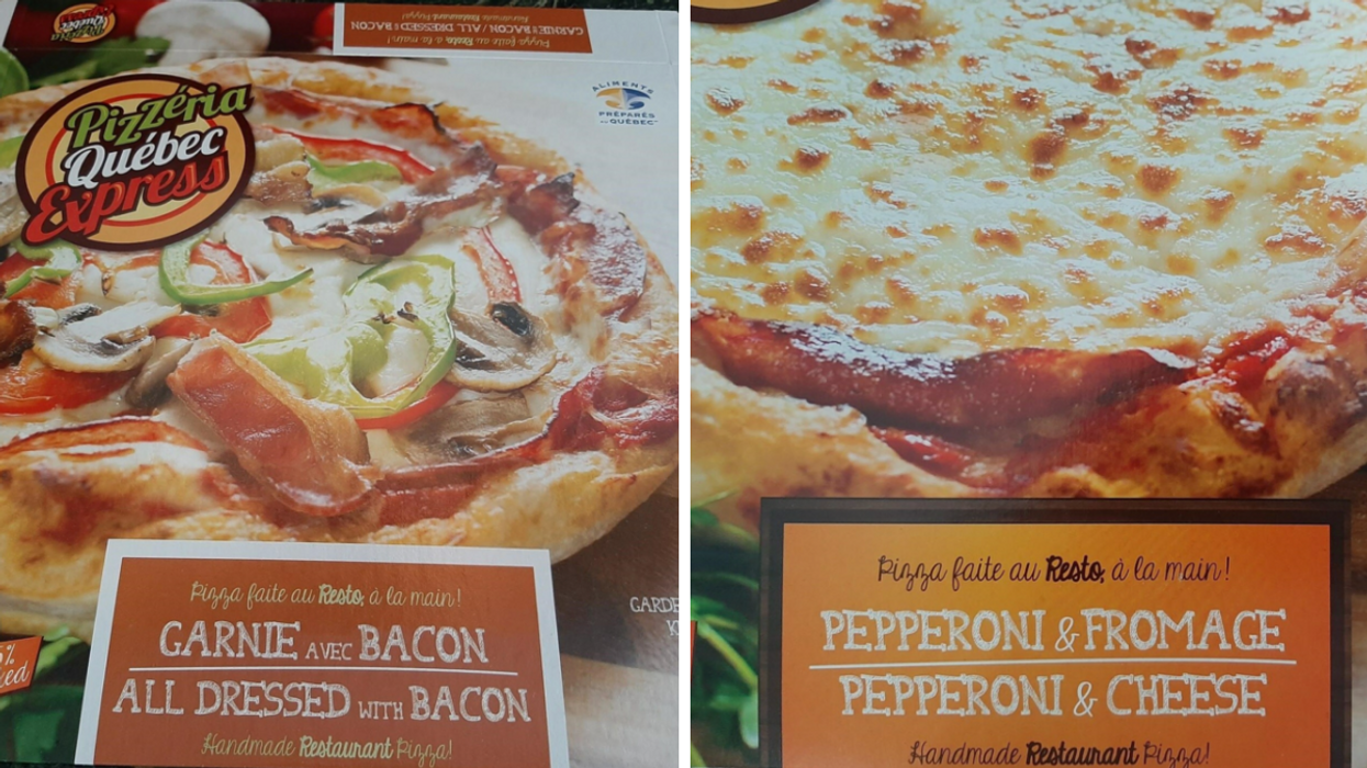 Pizza garnie avec bacon. Droite : pizza pepperoni et fromage.