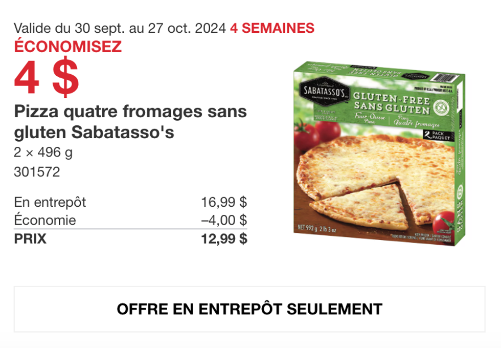 Pizza quatre fromages sans gluten de Sabatasso's en rabais au Costco.